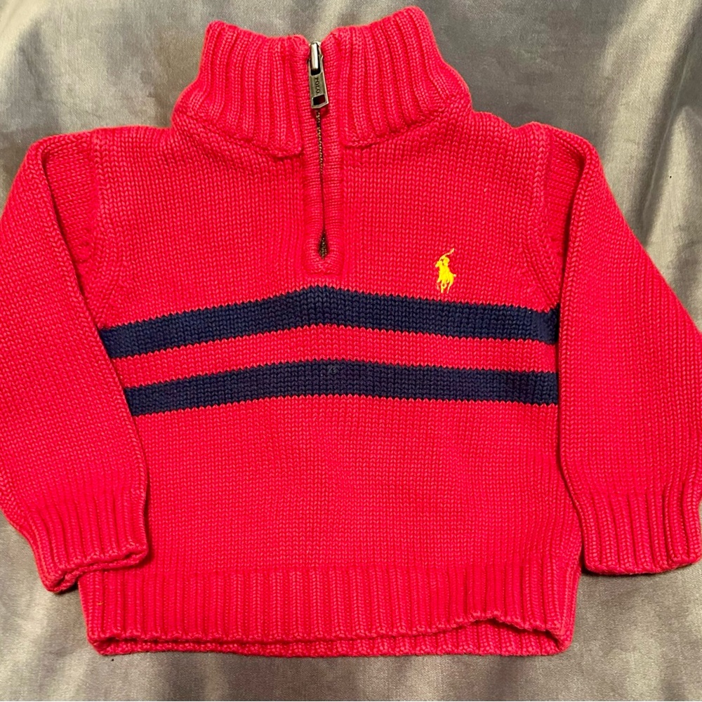 Polo Ralph Lauren 1/4 zip red sweater Navy blue stripes 12 Months EUC